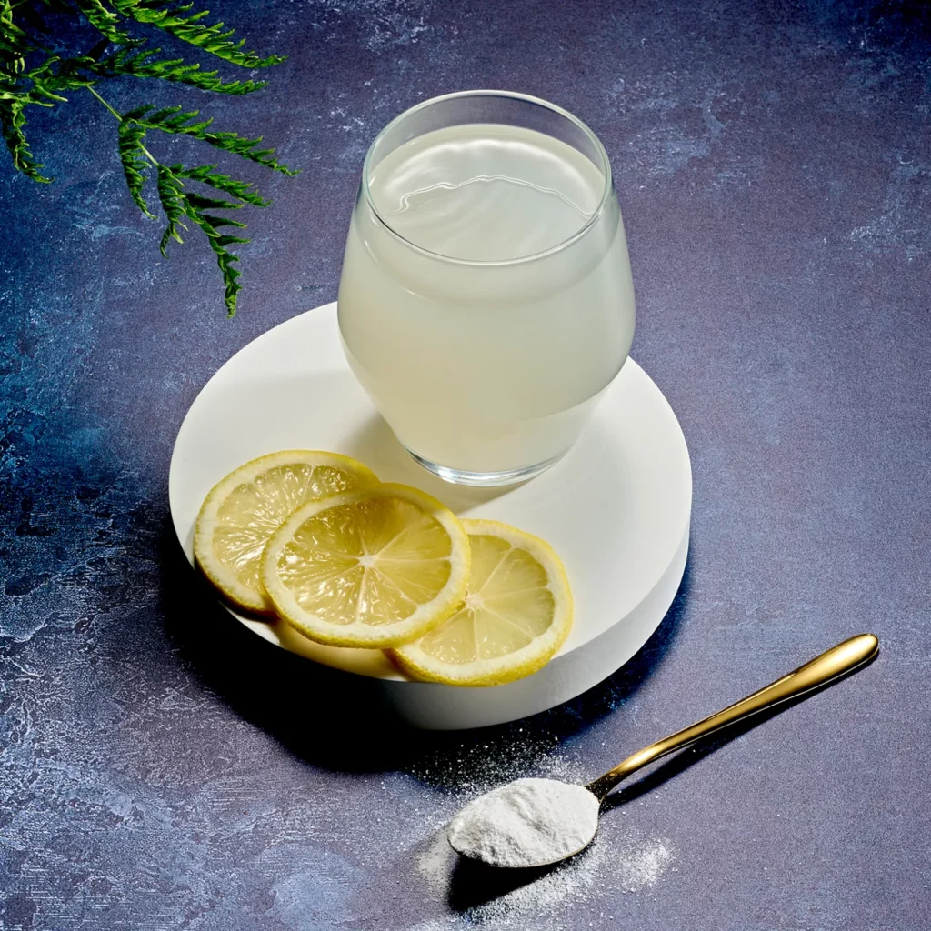 Helles Getränk im Glas mit Zitronenscheiben auf einem Teller und einem Löffel mit weißem Pulver auf dunkler Oberfläche