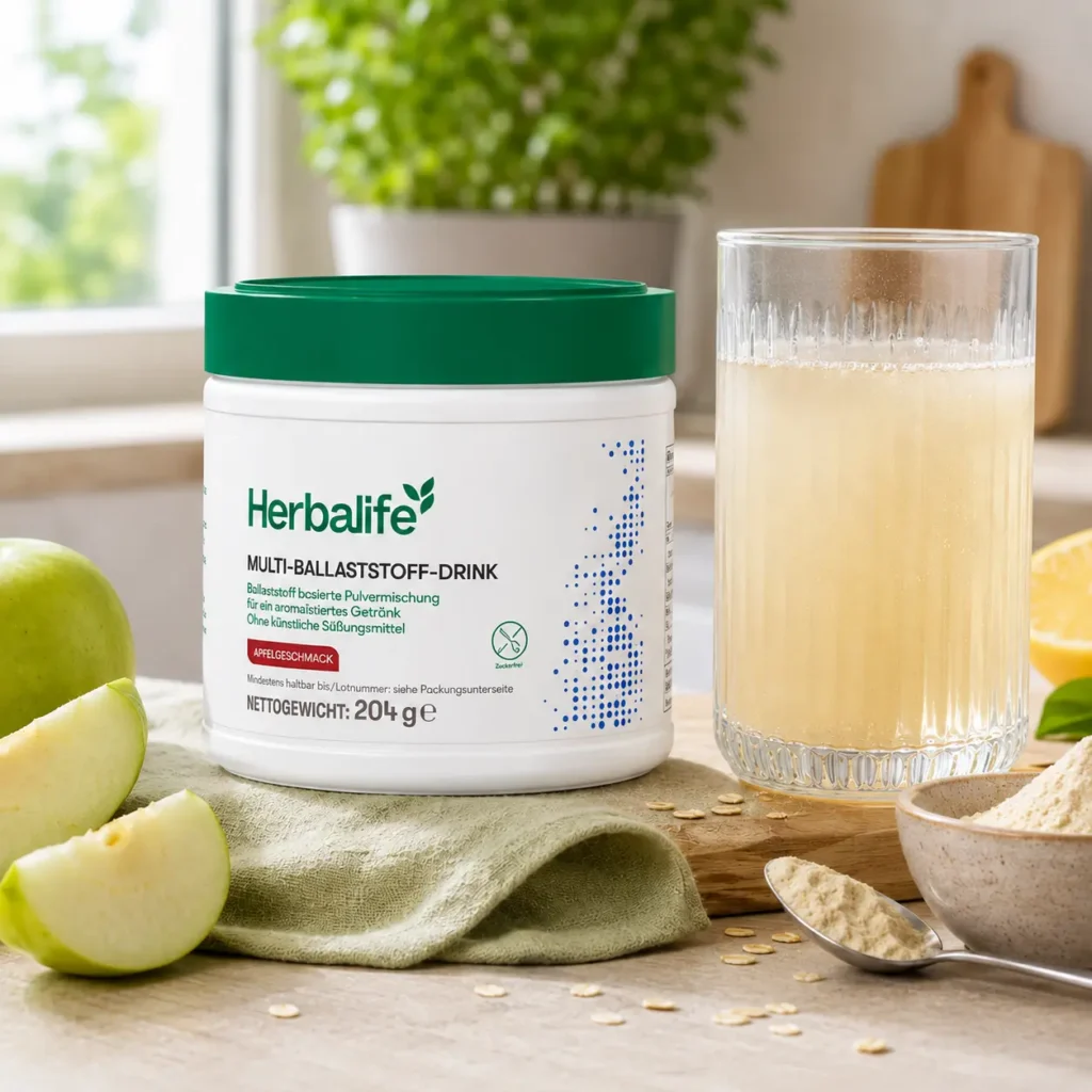 Herbalife Multi-Ballaststoff-Drink Apfelgeschmack neben einem Glas zubereitetem Getränk mit Apfelstücken, Haferflocken und Pulver in einer hellen Küche