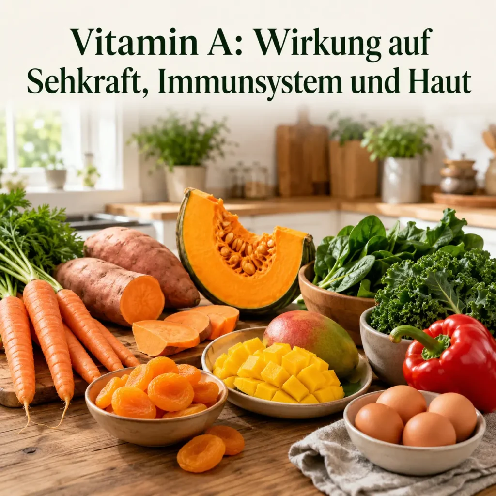 Vitamin-A-reiche Lebensmittel auf einem Küchentisch mit der Überschrift „Vitamin A: Wirkung auf Sehkraft, Immunsystem und Haut“