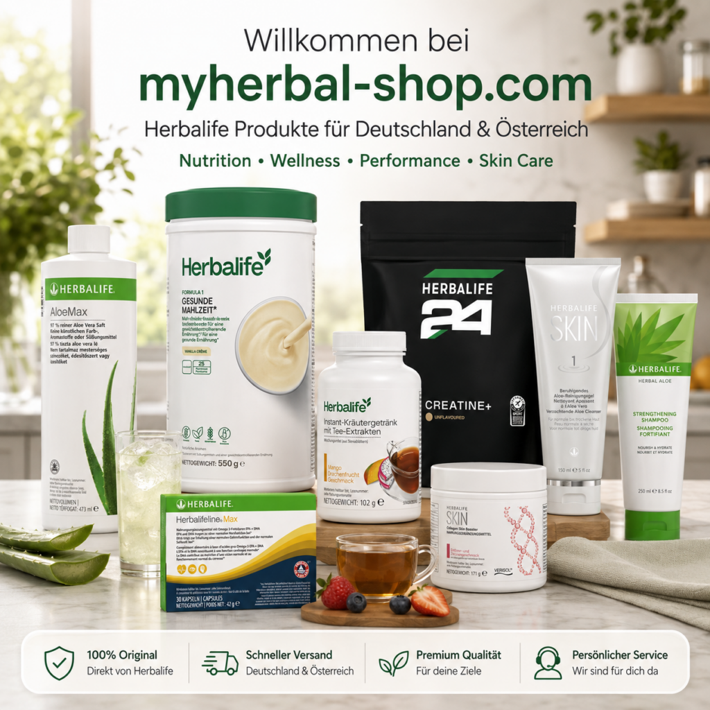 Auswahl verschiedener Herbalife Produkte für Deutschland und Österreich auf einer hellen Küchenarbeitsfläche mit Formula 1, AloeMax, Instant-Kräutergetränk, Herbalifeline Max, Herbalife24 Creatine+, Collagen Skin Booster und Hautpflegeprodukten