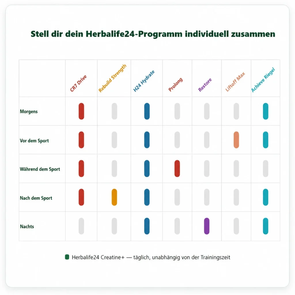 Herbalife24 Programmübersicht mit CR7 Drive, Rebuild Strength, H24 Hydrate, Prolong, Restore, LiftOff Max, Achieve Riegel und Creatine+ für verschiedene Tages- und Trainingszeiten