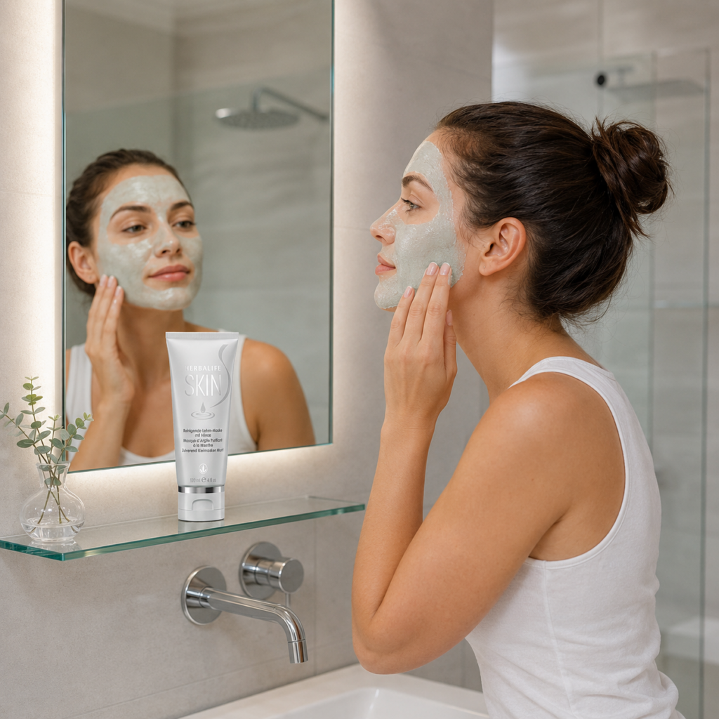 Junge Frau trägt die Herbalife SKIN Reinigende Lehm-Maske mit Minze vor einem Spiegel in einem modernen Badezimmer auf, während das Produkt gut sichtbar auf einer Glasablage steht.