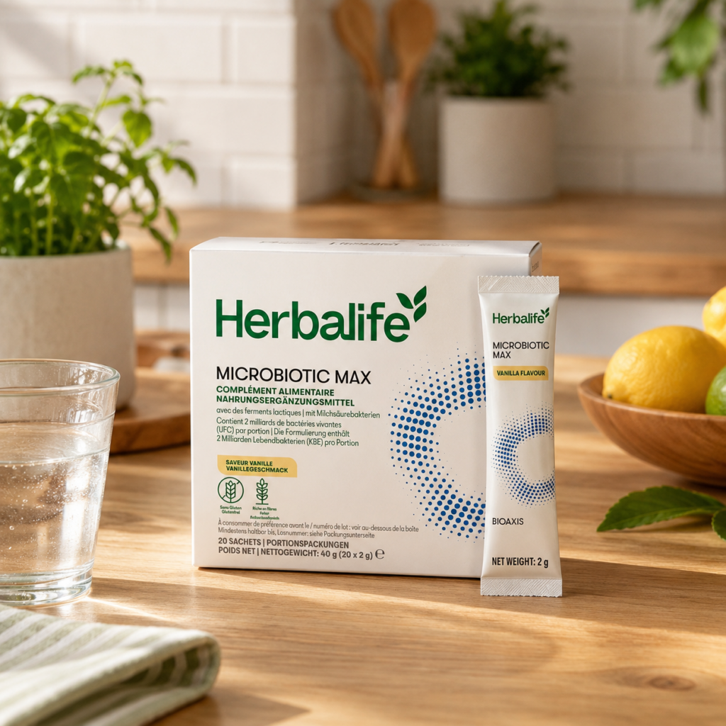 Herbalife Microbiotic Max Vanillegeschmack mit Portionsbeutel auf einem modernen Holztisch in einer hellen Küche