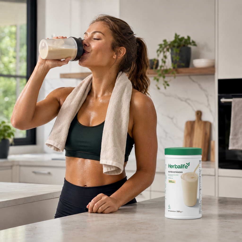 Junge leicht verschwitzte Frau trinkt nach dem Training einen Shake aus einem Shaker in der Küche, während der Herbalife Protein-Getränkemix Vanille auf der Küchenarbeitsplatte steht.
