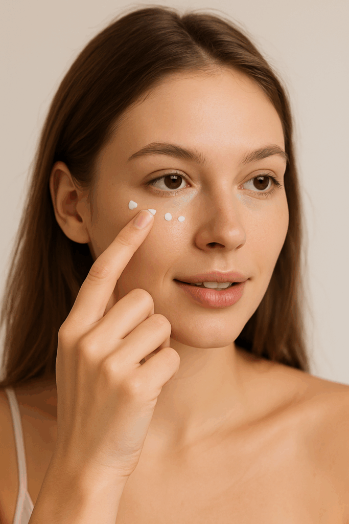 Junge Frau trägt sanft die HL/Skin Pflegende Augencreme auf die Augenpartie auf.