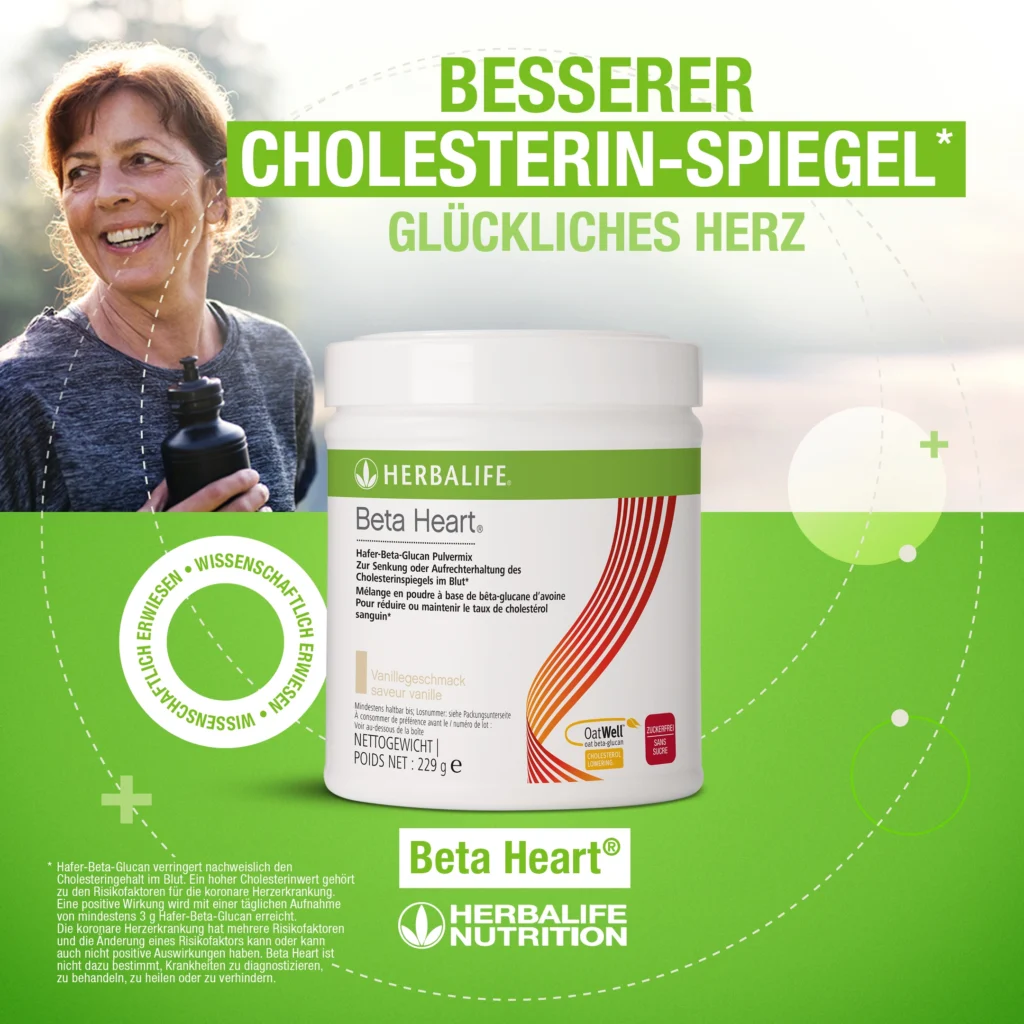Herbalife Beta Heart mit Hafer-Beta-Glucan vor grünem Hintergrund neben einer sportlichen Frau