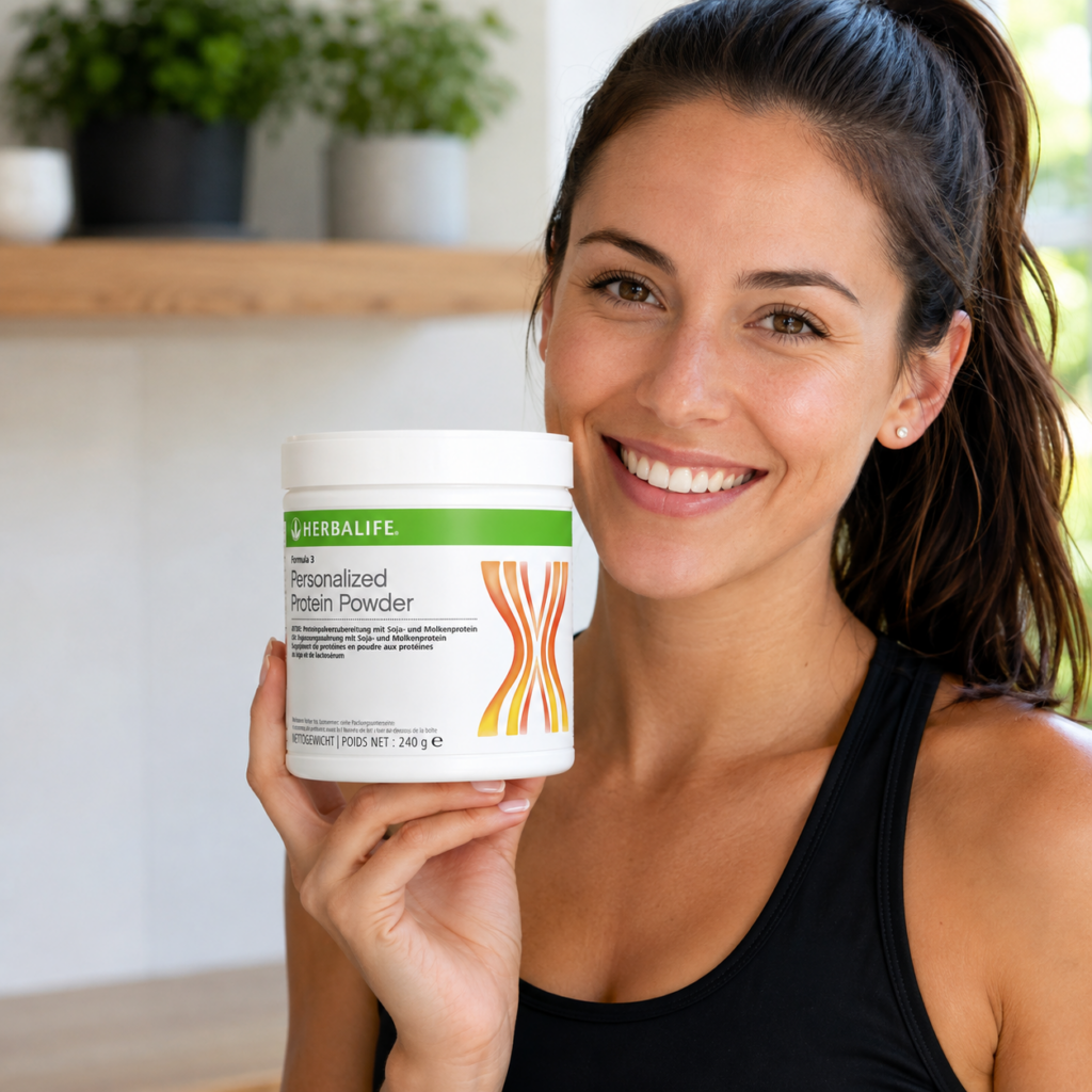 Junge lächelnde Frau hält Herbalife Formula 3 Personalized Protein Powder in der Hand