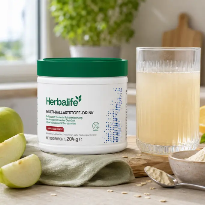 Herbalife Multi-Ballaststoff-Drink Apfelgeschmack neben einem Glas Getränk mit Apfelstücken, Haferflocken und Pulver in einer hellen Küche