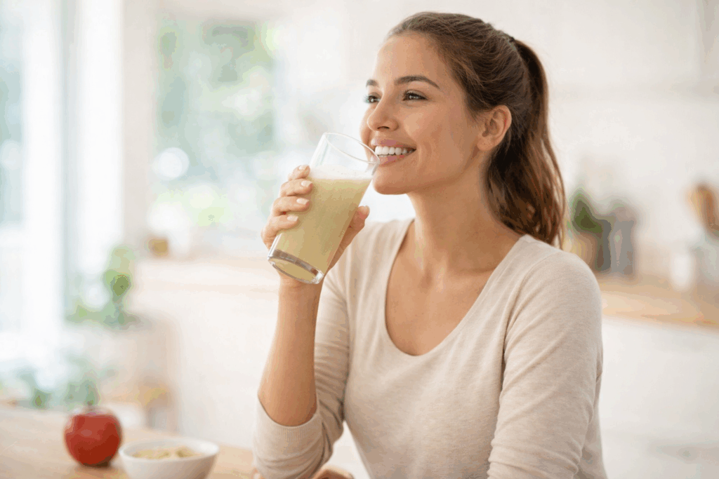 Junge gesunde Frau trinkt einen ballaststoffreichen Drink als Teil einer ausgewogenen Ernährung