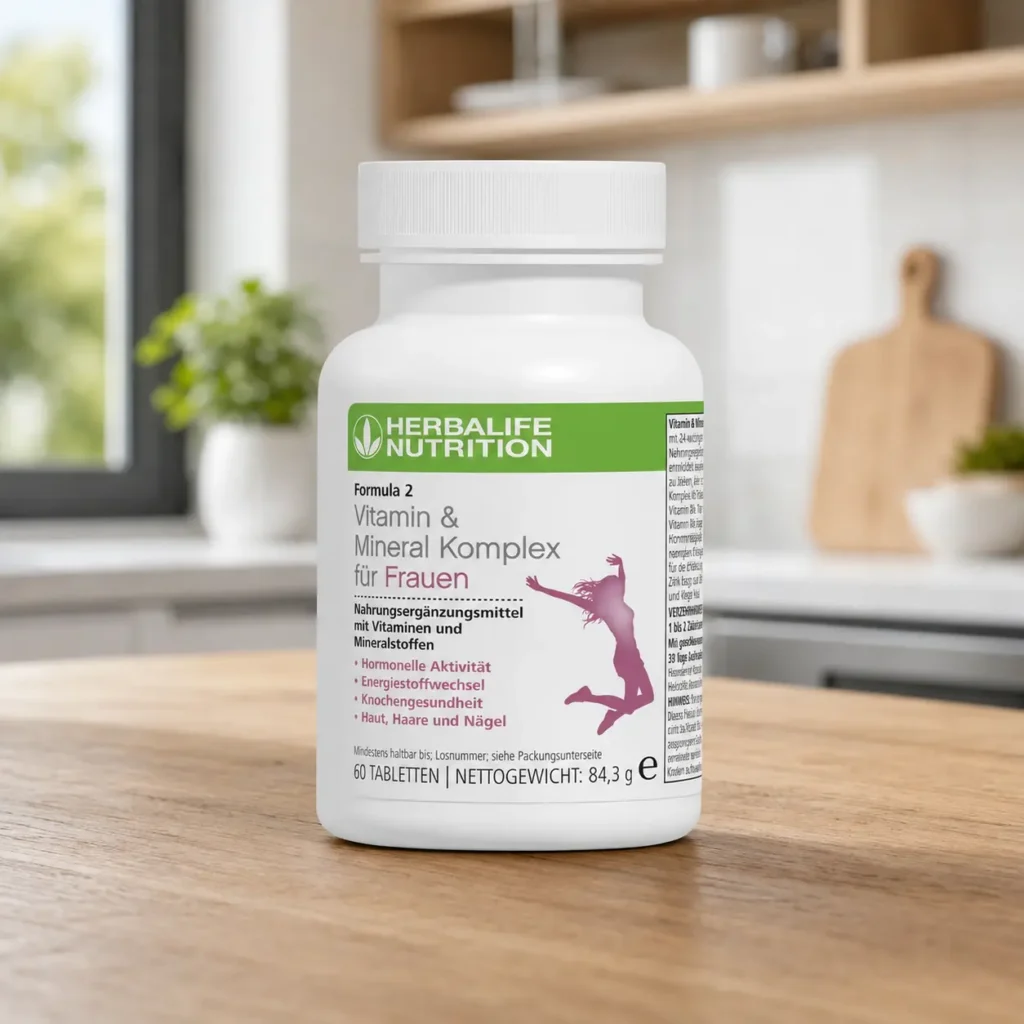Herbalife Formula 2 Vitamin- und Mineral-Komplex für Frauen auf einem modernen Holztisch in einer hellen Küche