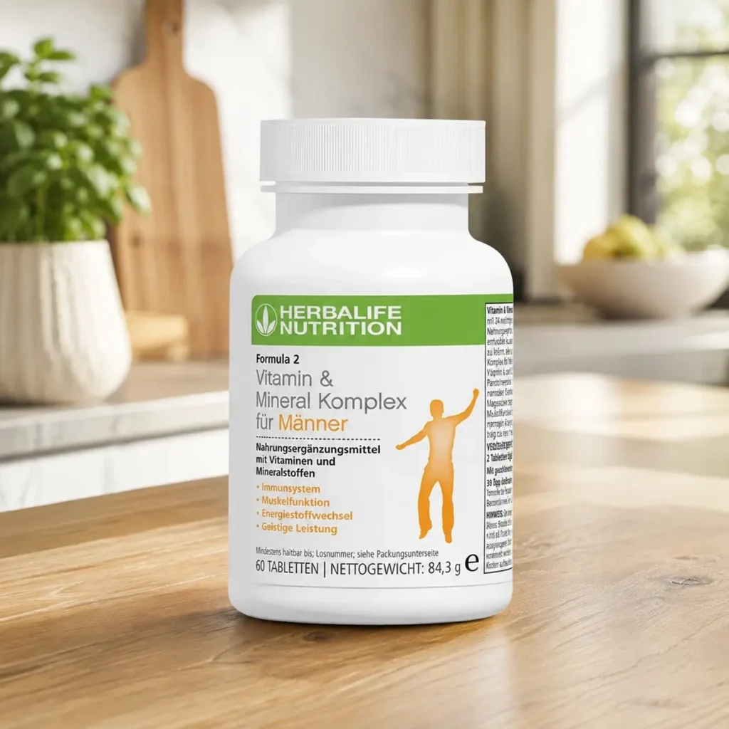 Herbalife Formula 2 Vitamin- und Mineral-Komplex für Männer auf einem eleganten Holztisch in einer hellen modernen Küche