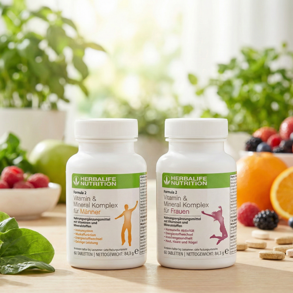 Zwei Dosen Herbalife Formula 2 Vitamin & Mineral Komplex (für Männer und für Frauen) stehen auf einem Holztisch neben frischen Früchten, Beeren, grünem Gemüse ve Multivitamin-Tabletten, um die geschlechtsspezifische Mikronährstoffversorgung zu visualisieren.