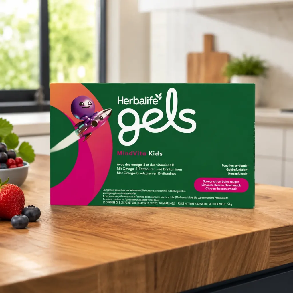Herbalife Gels MindVita Kids Produktverpackung auf einem modernen Holzküchentisch in einer hellen Küche