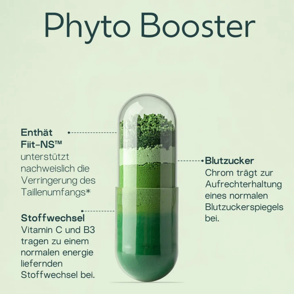 Herbalife Phyto Booster Infografik mit Kapsel, Fit-NS-Komplex sowie Hinweisen zu Stoffwechsel und normalem Blutzuckerspiegel