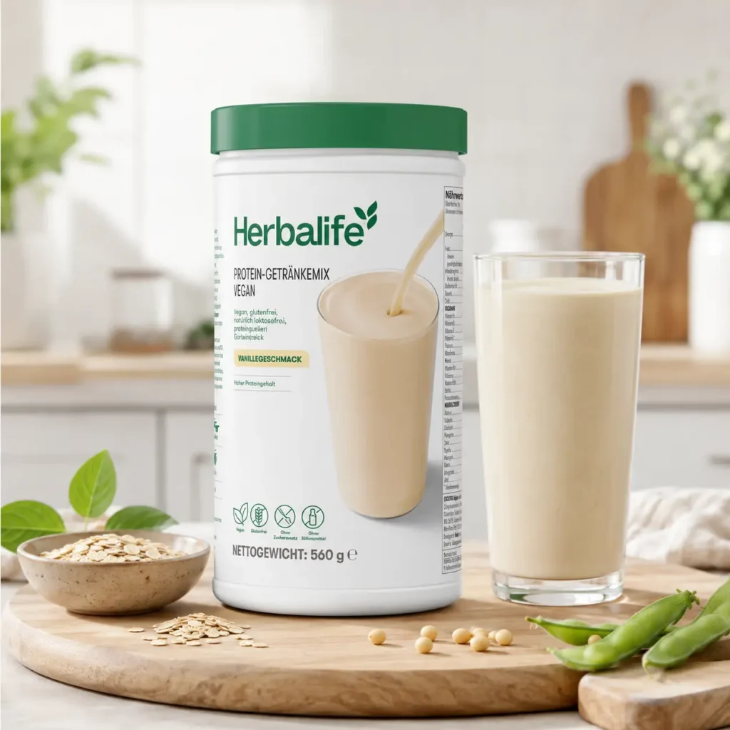 Herbalife Protein-Getränkemix Vegan Vanille in einer hochwertigen quadratischen Produkt- und Lifestyle-Darstellung für vegane Proteinversorgung