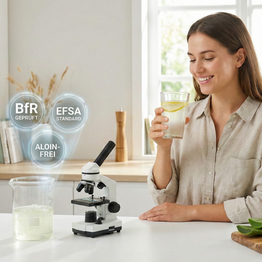 Eine junge Frau trinkt ein Glas zubereitetes Herbalife Aloe Vera Getränk in einer modernen Küche neben einem Mikroskop, das die wissenschaftlich validierte Laborqualität (BfR geprüft, EFSA Standard, aloin-frei) symbolisiert.