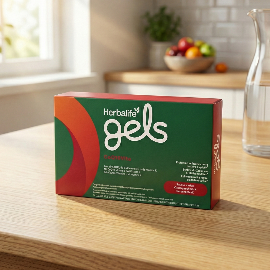 Eine Produktverpackung von Herbalife Gels CoQ10Vita steht auf einem hellen Holztisch in einer modern beleuchteten Küche, die als zellulärer Energie-Booster mit Coenzym Q10, Vitamin E und Vitamin K dient.