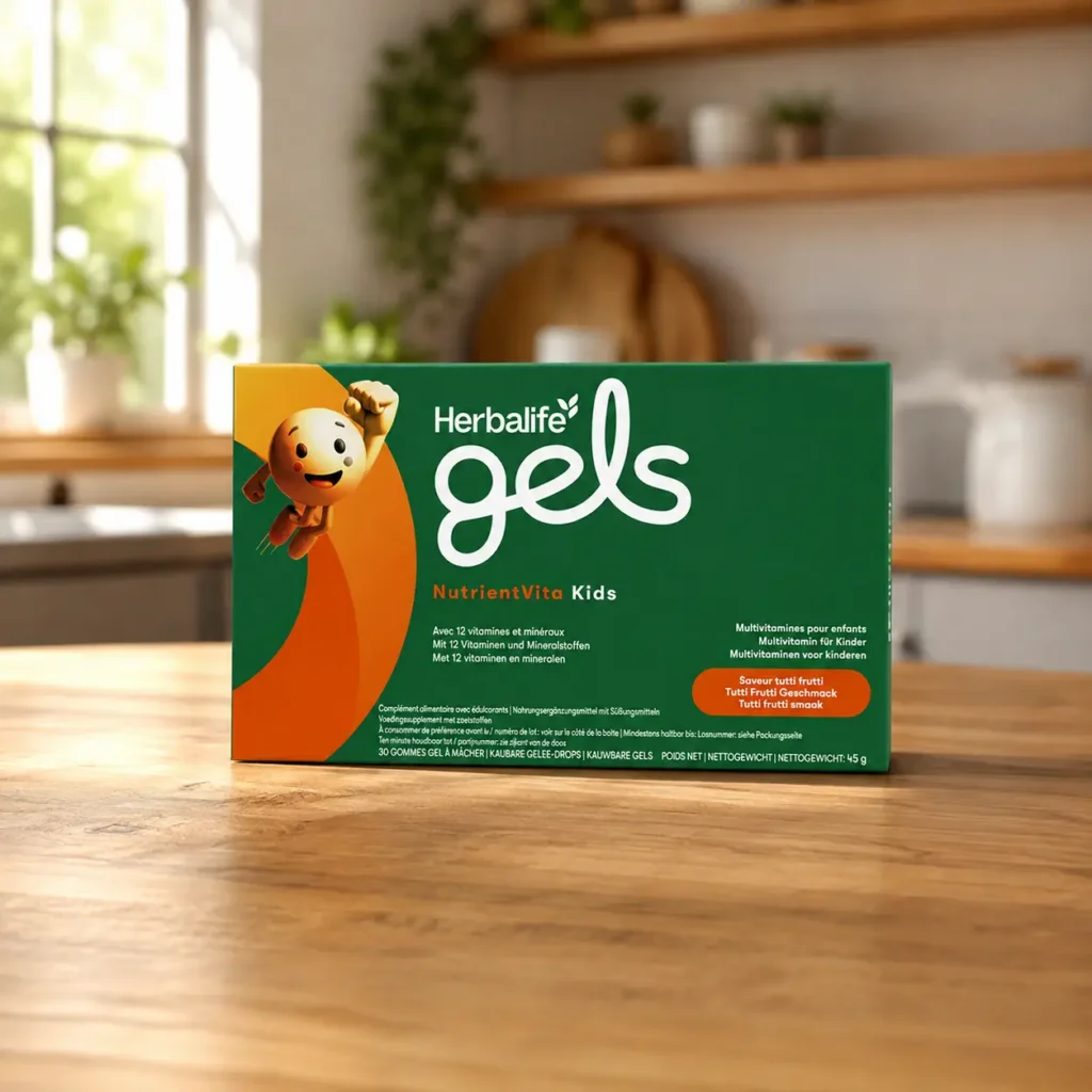 Herbalife Gels NutrientVita Kids Verpackung auf einem modernen Holztisch in einer hellen Küche