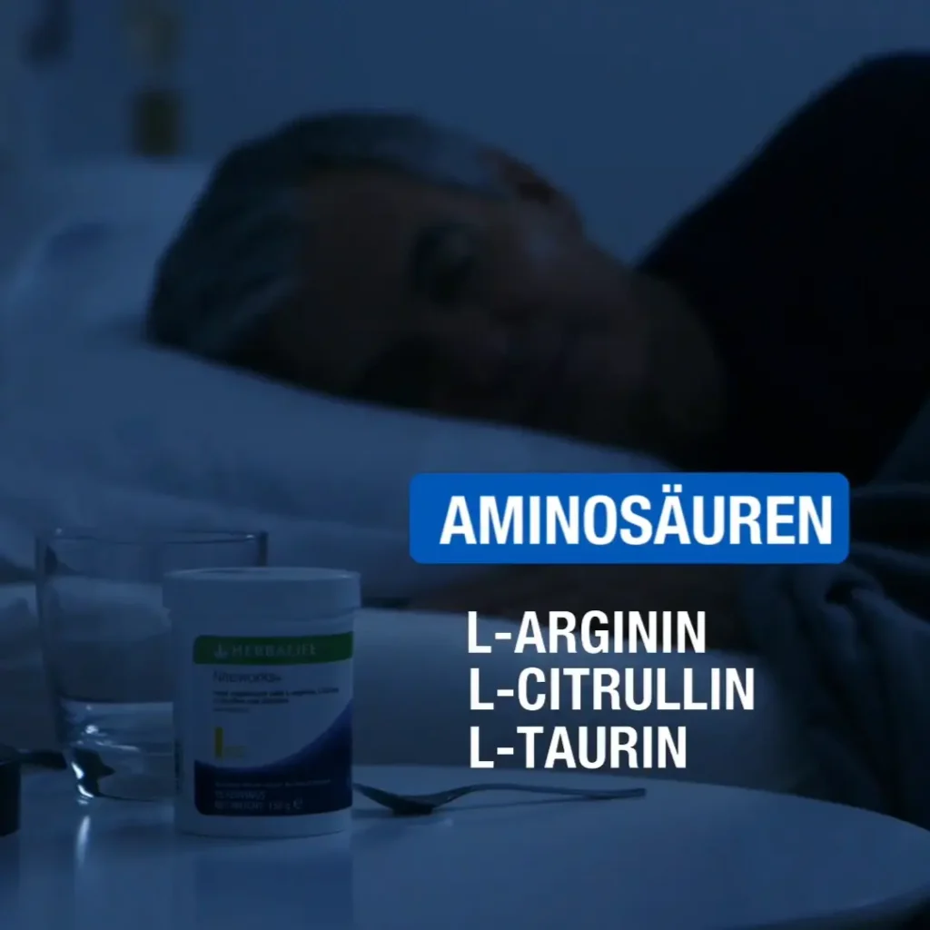 Herbalife Niteworks auf einem Nachttisch mit dem Hinweis auf die Aminosäuren L-Arginin, L-Citrullin und L-Taurin