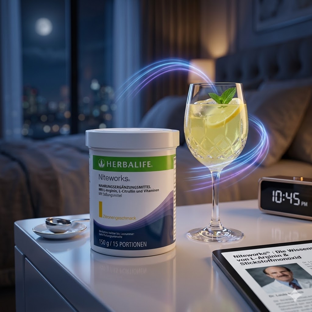 Herbalife Niteworks Dose und ein servierter L-Arginin Drink auf einem Nachttisch bei Nacht, mit Dr. Louis Ignarro Nobelpreis-Forschung auf einem Tablet