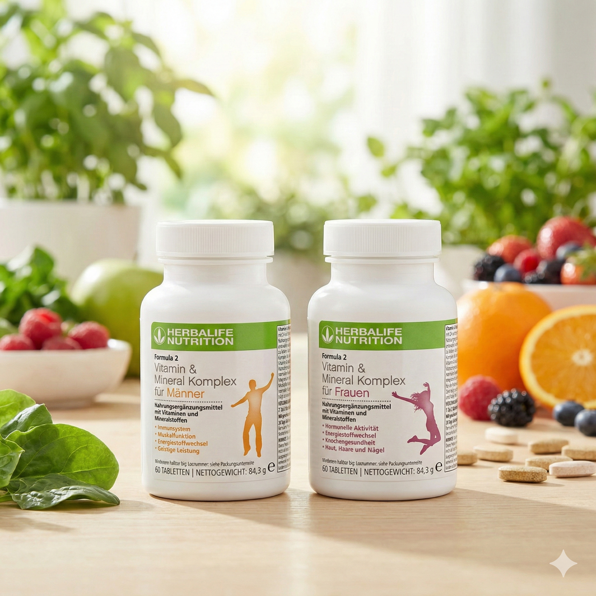 Herbalife Formula 2 Vitamin und Mineral Komplex für Männer und Frauen Flaschen auf einem Holztisch mit frischem Obst und Gemüse