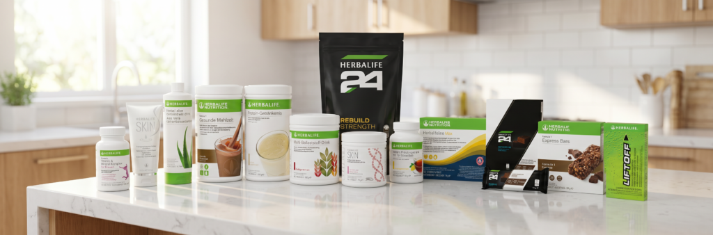 Herbalife Produkte Set für Gewichtsmanagement und Sporternährung auf einer modernen Küchentheke – myherbal-shop.com
