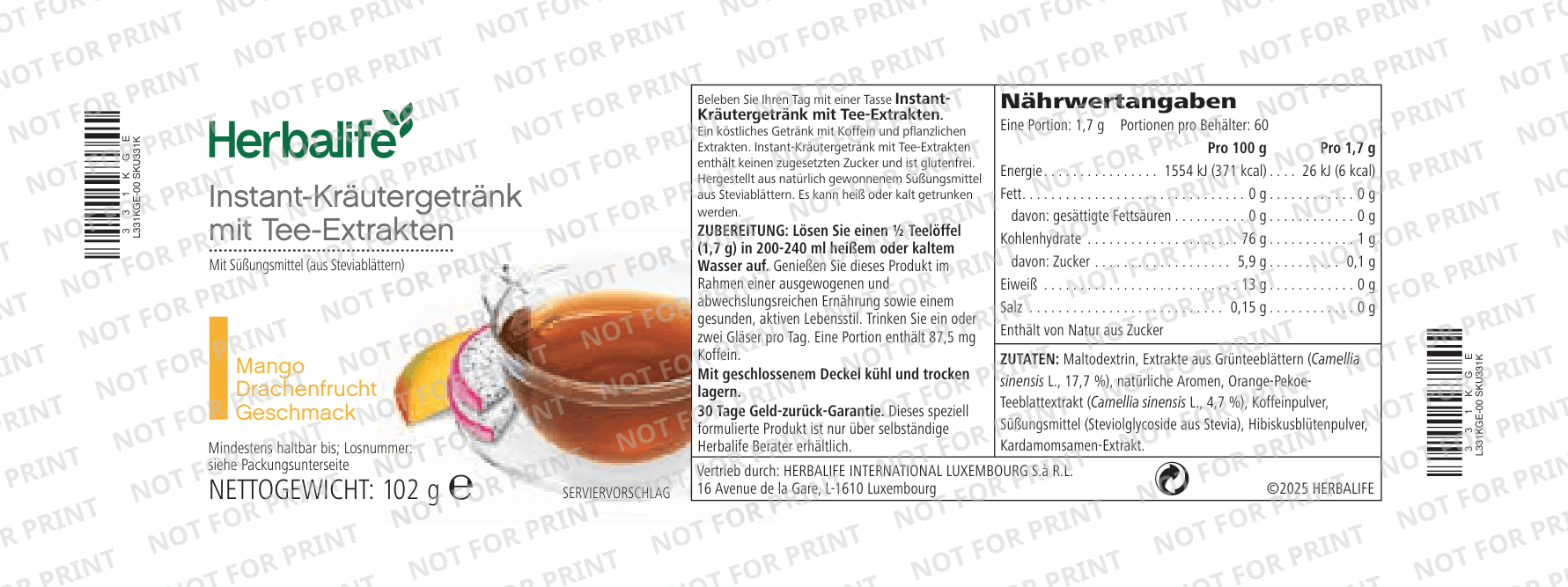 Herbalife Instant-Kräutergetränk Mango-Drachenfrucht nutrition label