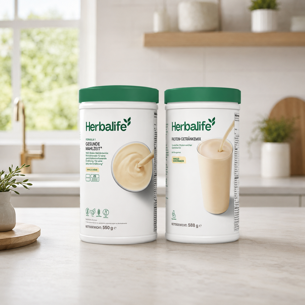 Herbalife Formula 1 Gesunde Mahlzeit Vanille-Creme und Herbalife Protein-Getränkemix Vanille-Geschmack auf einem stilvollen Küchentisch