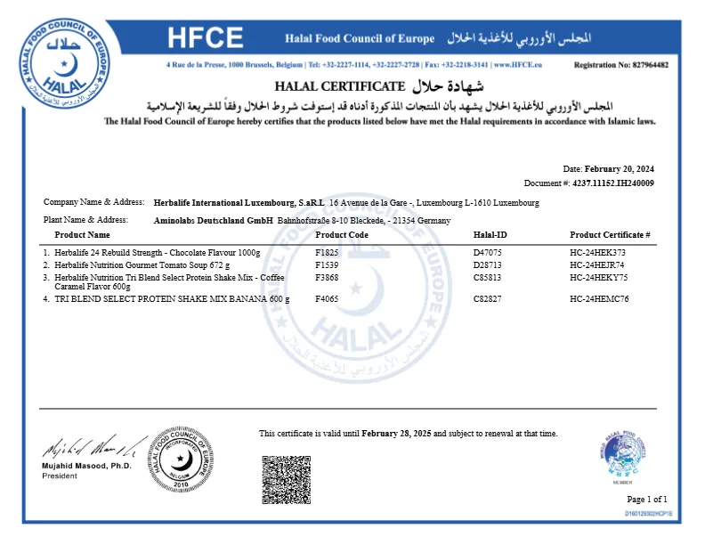 Herbalife International of America HFCE Zertifikat