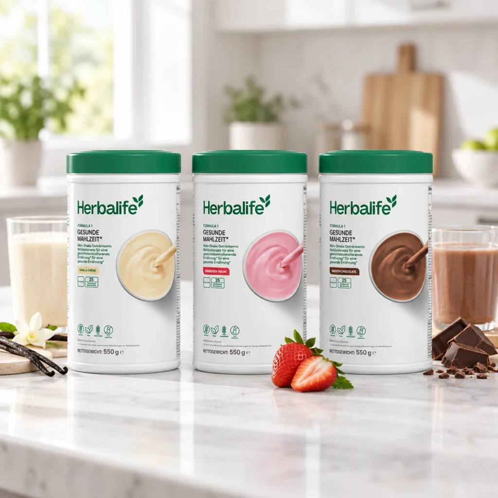 Drei Herbalife Formula 1 Dosen in Vanille, Erdbeere und Schokolade mit zubereiteten Shakes