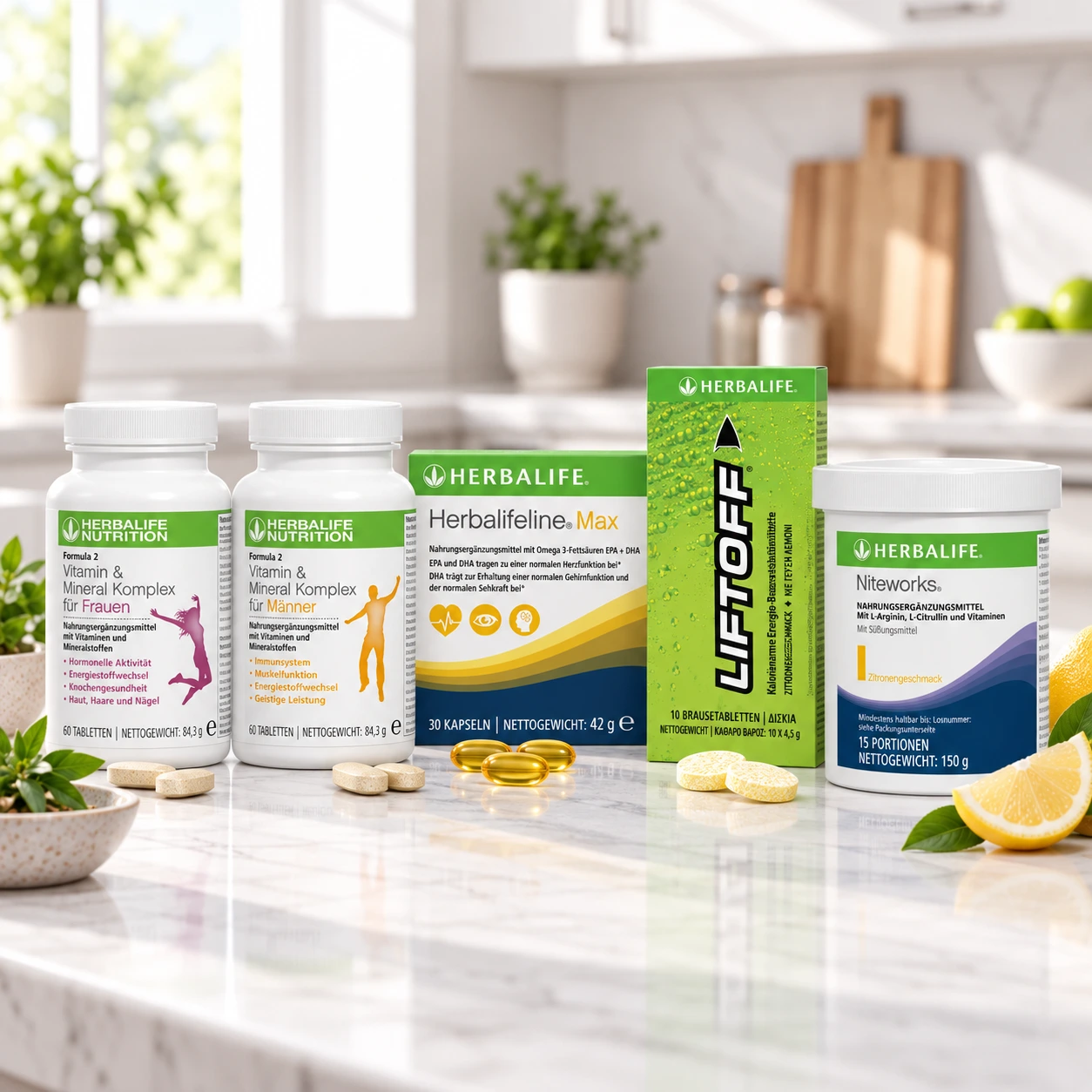 Herbalifeline Max, LiftOff und Formula 2 Vitaminkomplex auf einer Küchenarbeitsplatte