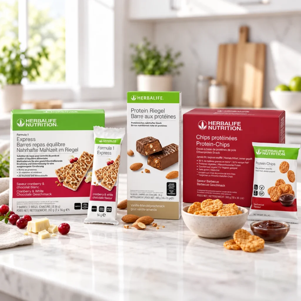 Herbalife Proteinriegel und Protein-Chips in einer Schale mit Verpackungen