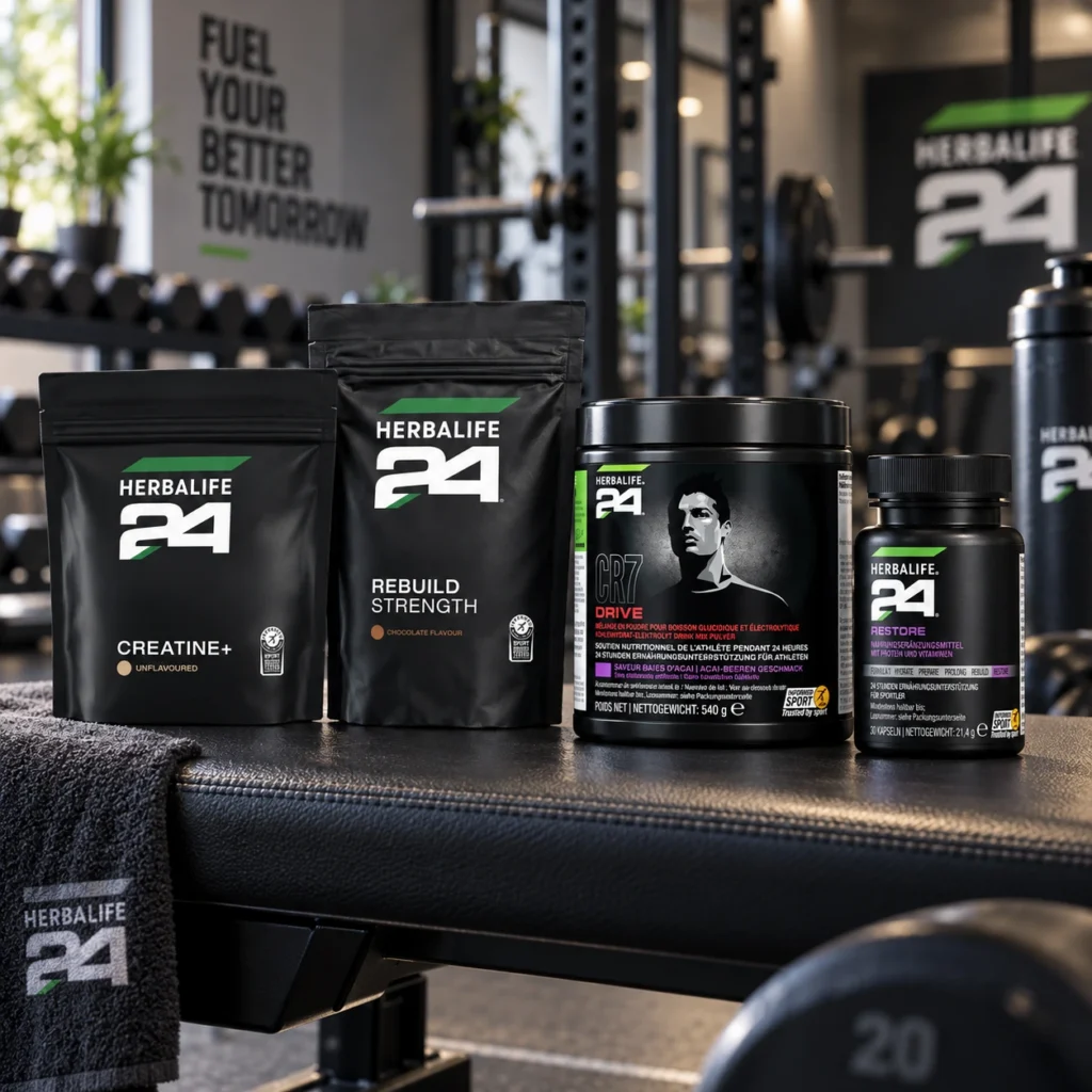 Herbalife24 Creatine Plus und Rebuild Strength auf einer Hantelbank im Fitnessstudio