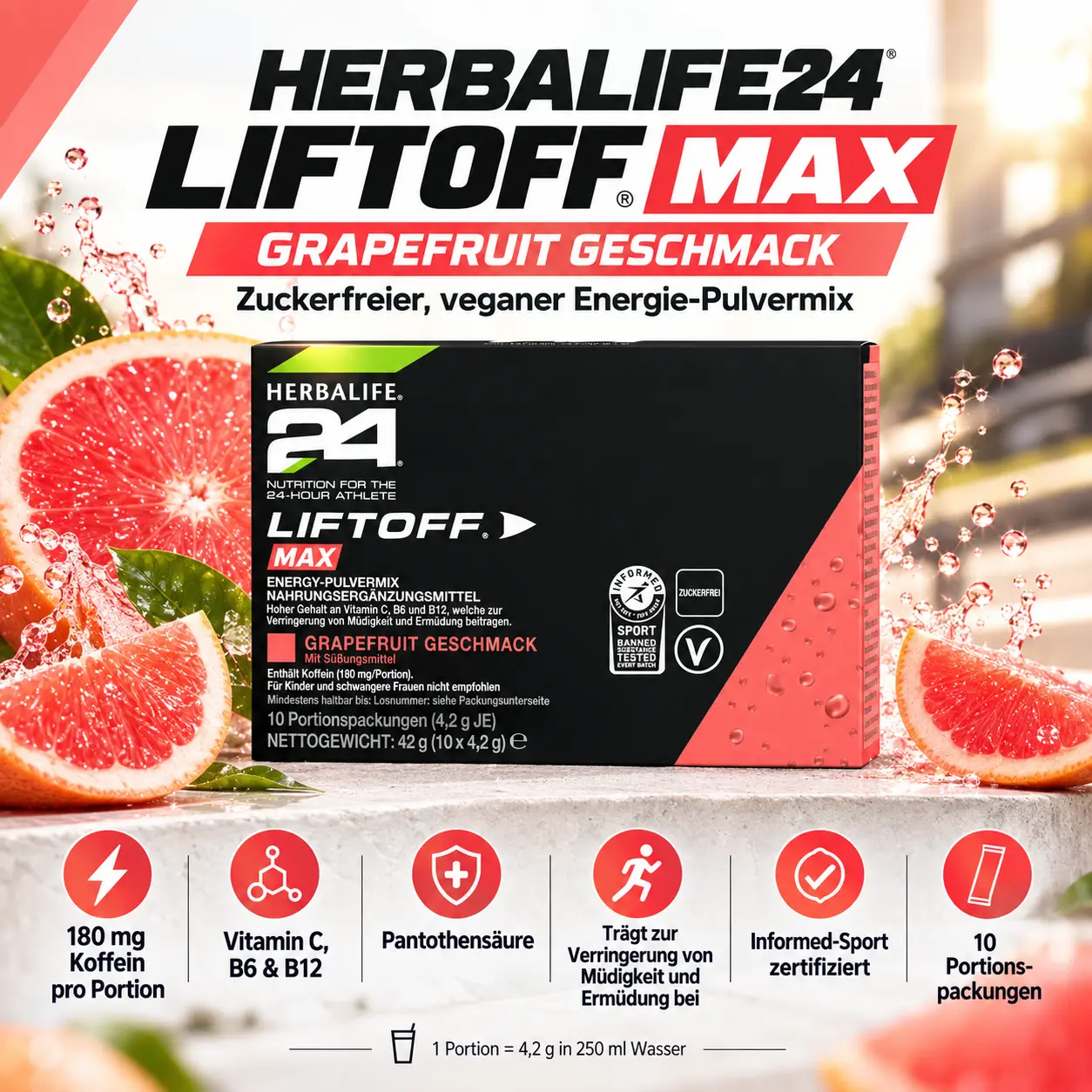 Herbalife24 LiftOff Max: 180 mg Koffein und acht Vitamine pro Portion
